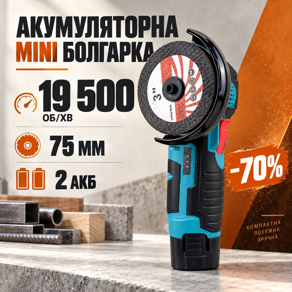 Акумуляторна mini болгарка: 19 500 об/хв, диск 75 мм, 2 акумулятори, знижка -70%